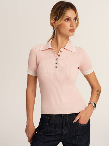 Short Sleeve Ribbed Knit Polo Top