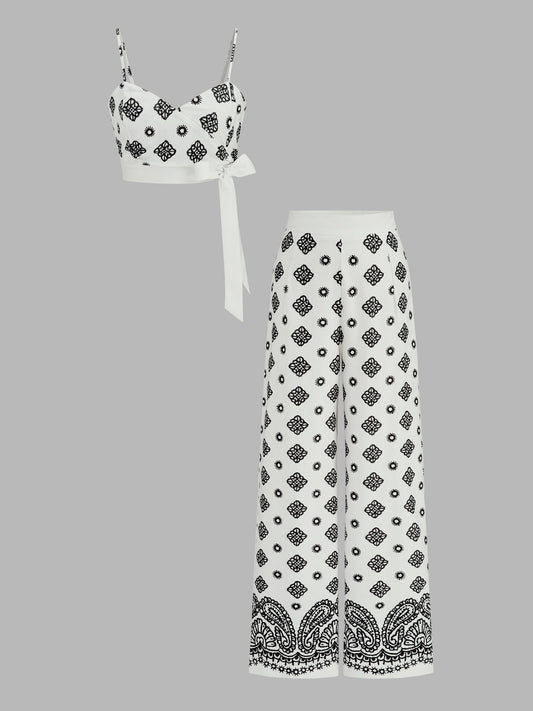 Printed Wrap Tie Cami Top & Pants Set