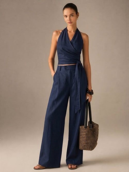 Cotton Linen Halter Wrap Top & Pants Set