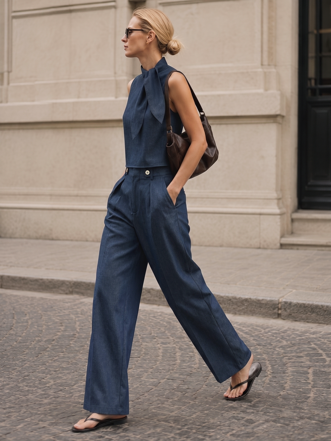 Tie-Neck Sleeveless Blouse & Pants Set
