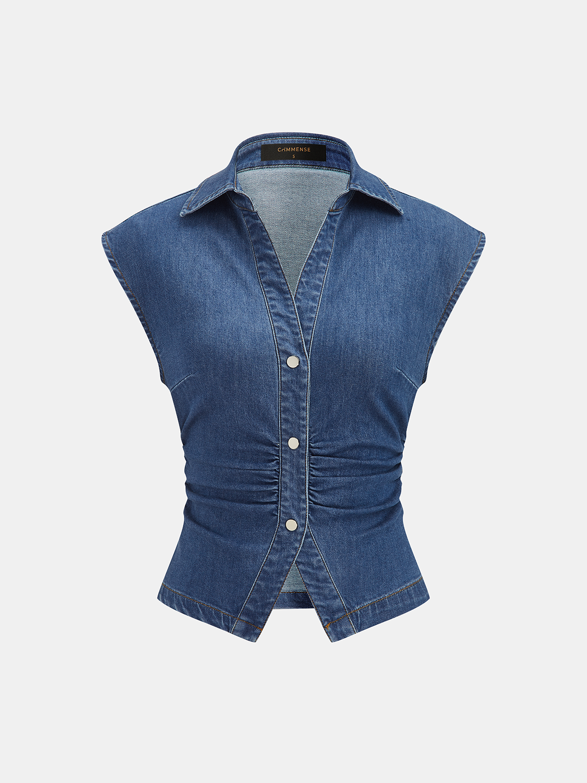 Ruched Collared Button Denim Tank Top