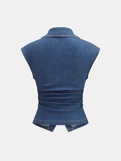 Ruched Collared Button Denim Tank Top