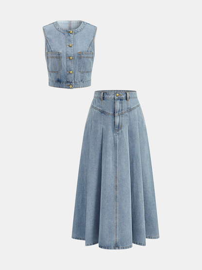 Denim Crop Vest & Pleated Midi Skirt Set