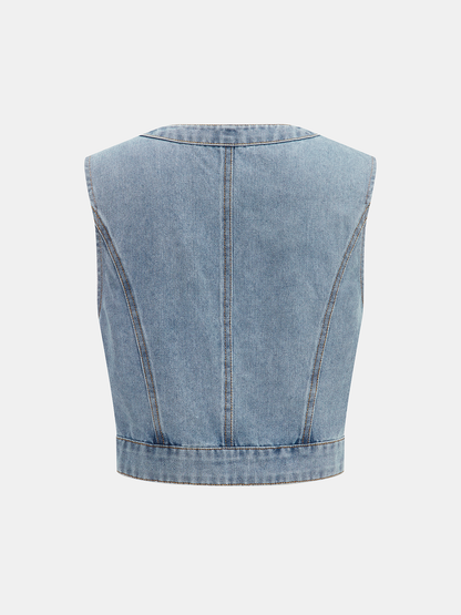 Denim Crop Vest & Pleated Midi Skirt Set