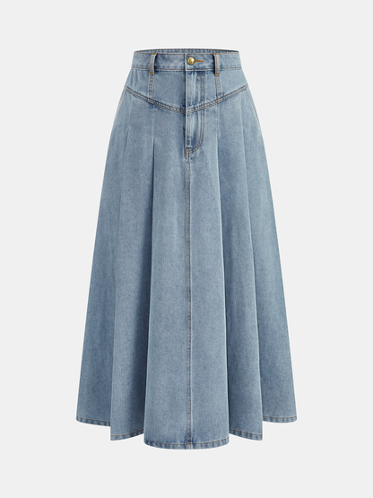 Denim Crop Vest & Pleated Midi Skirt Set