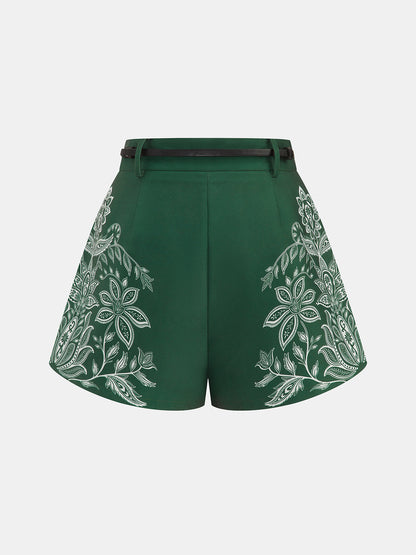 Paisley Print Pleated Belted Shorts