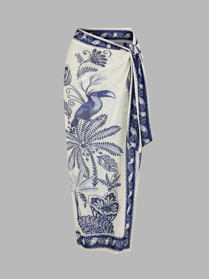 Tropical Toucan Print One Piece Swimsuit & Sarong Set