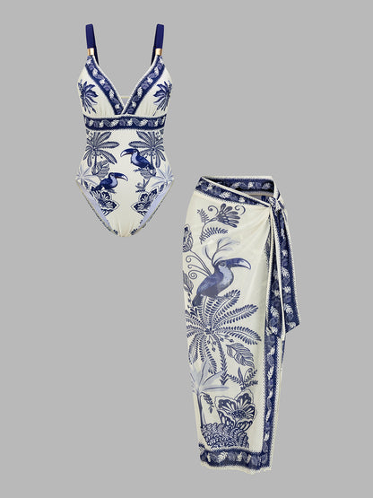 Tropical Toucan Print One Piece Swimsuit & Sarong Set