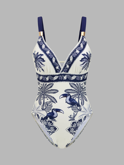 Tropical Toucan Print One Piece Swimsuit & Sarong Set