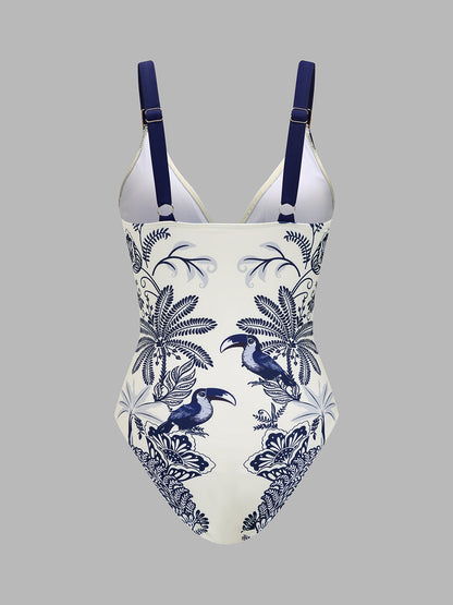 Tropical Toucan Print One Piece Swimsuit & Sarong Set