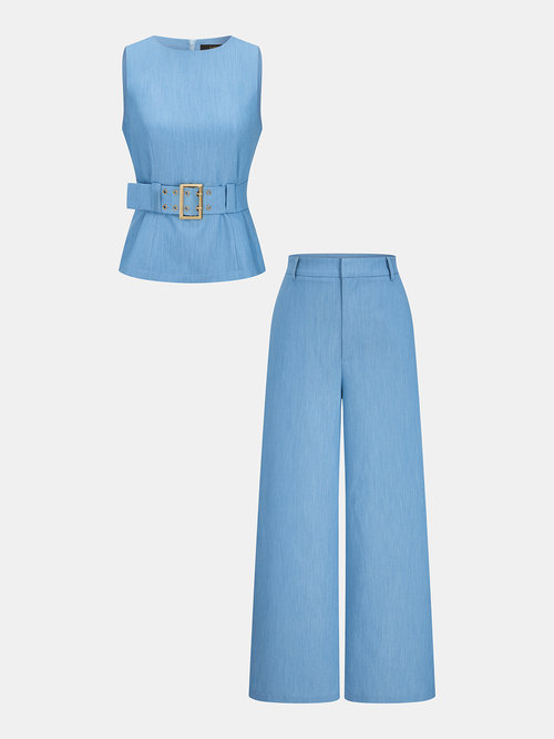 Belted Sleeveless Top & Wide Leg Pants Set
