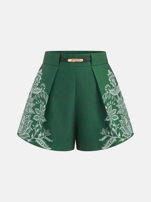 Paisley Print Pleated Belted Shorts