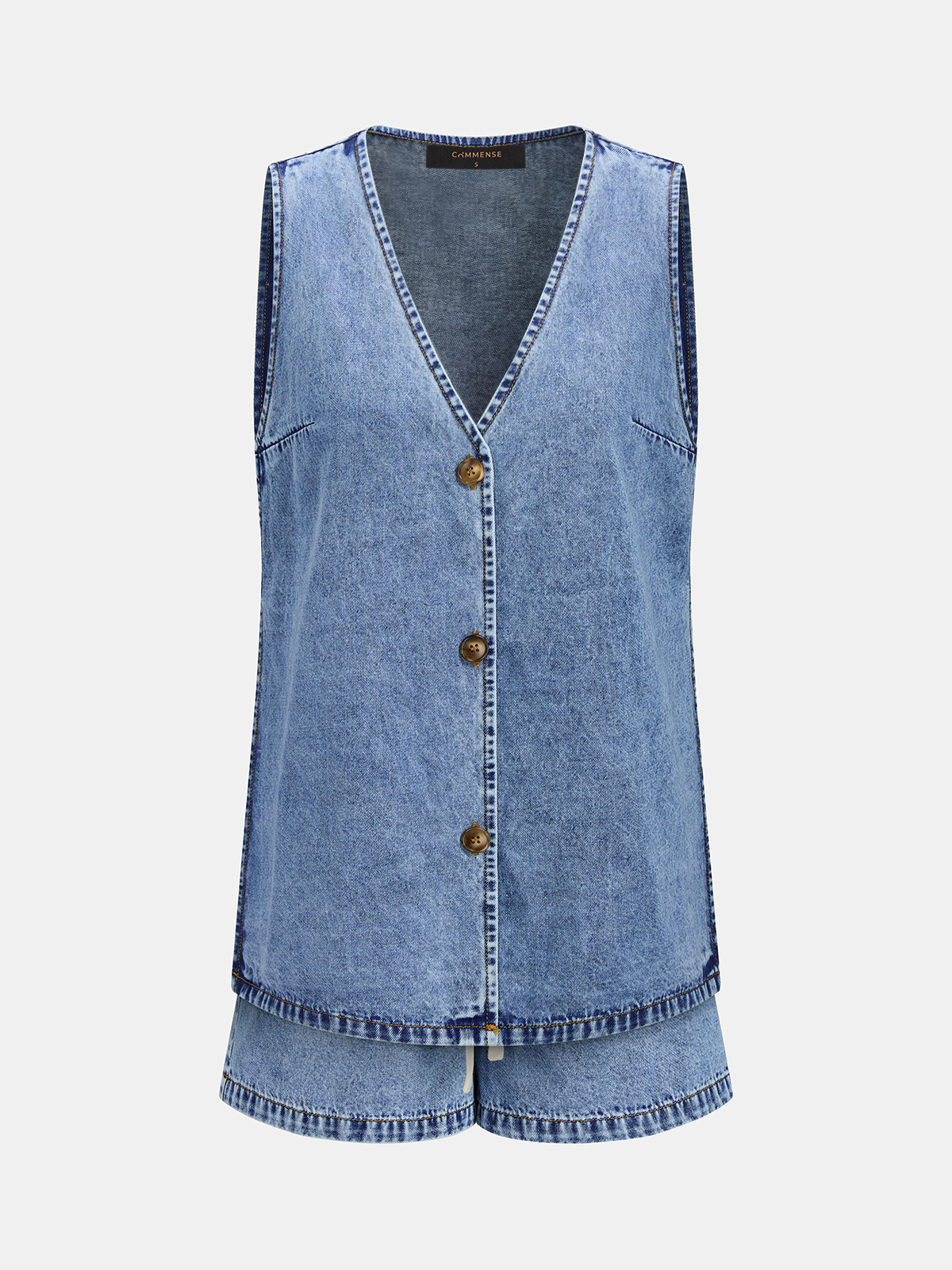 Side Slit Denim Vest & Drawstring Shorts Set