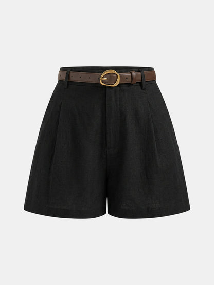 High Waist Belted Linen Blend Shorts