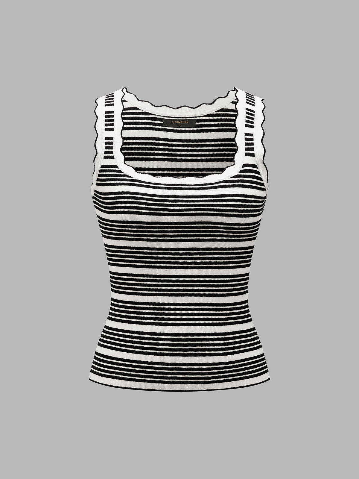 Wavy Trim Striped Ribbed Knit Tank Top