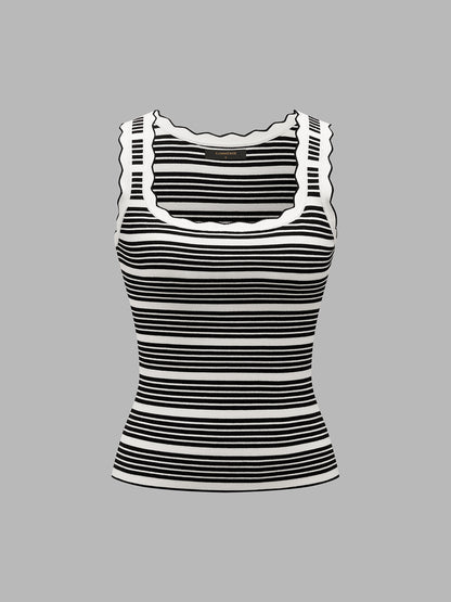 Wavy Trim Striped Ribbed Knit Tank Top