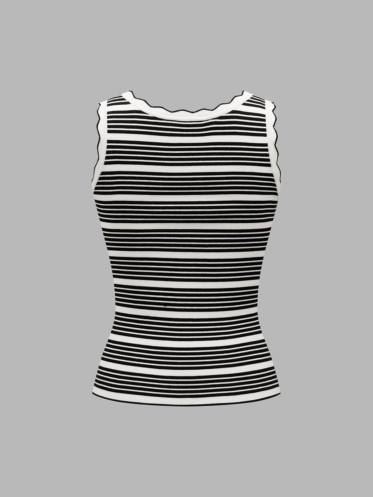 Wavy Trim Striped Ribbed Knit Tank Top