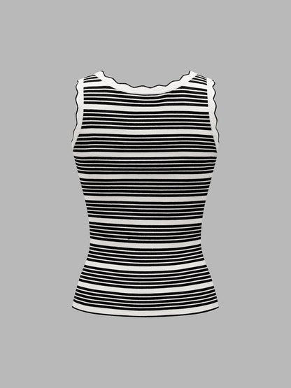 Wavy Trim Striped Ribbed Knit Tank Top