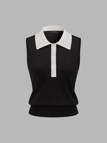 Color Block Sleeveless Polo Knit Top