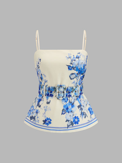 Floral Print Peplum Belted Cami Top & Pants Set