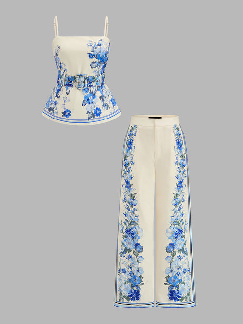 Floral Print Peplum Belted Cami Top & Pants Set