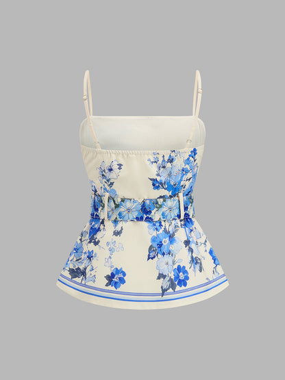Floral Print Peplum Belted Cami Top & Pants Set