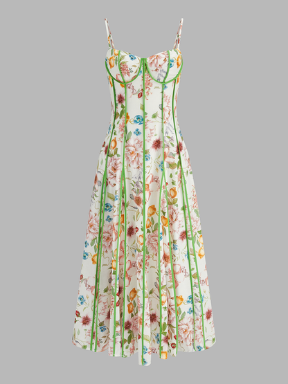 Corset Seam Tropical Print Swing Dress