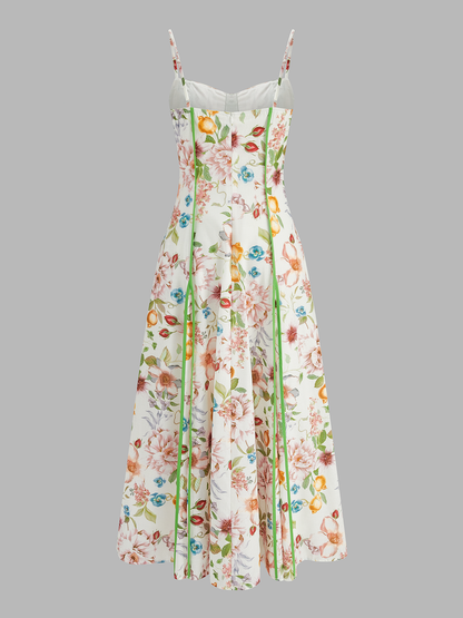 Corset Seam Tropical Print Swing Dress