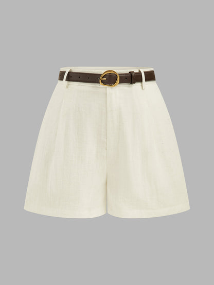 High Waist Belted Linen Blend Shorts