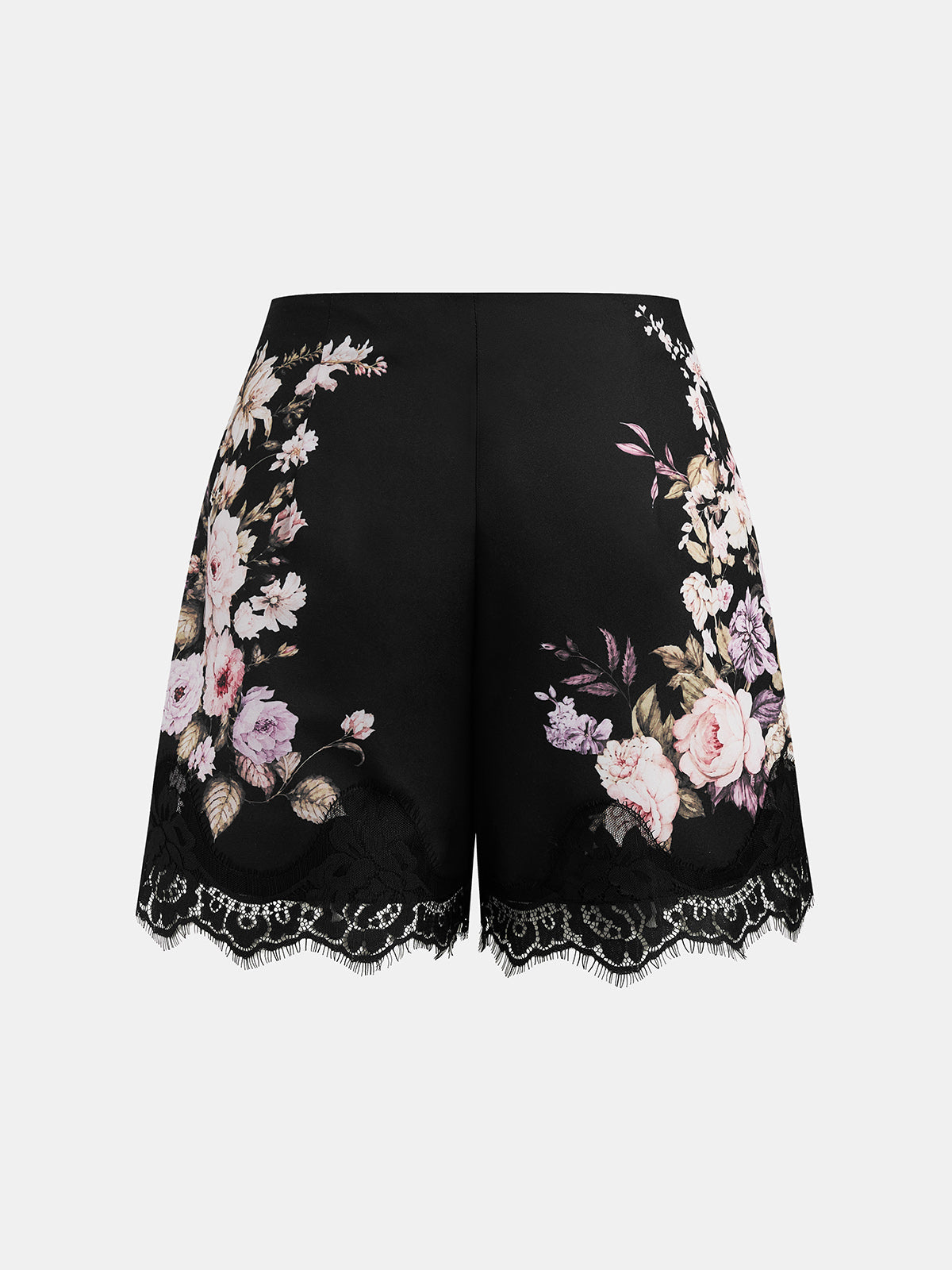 Floral Print Lace Trim Mid Waist Shorts