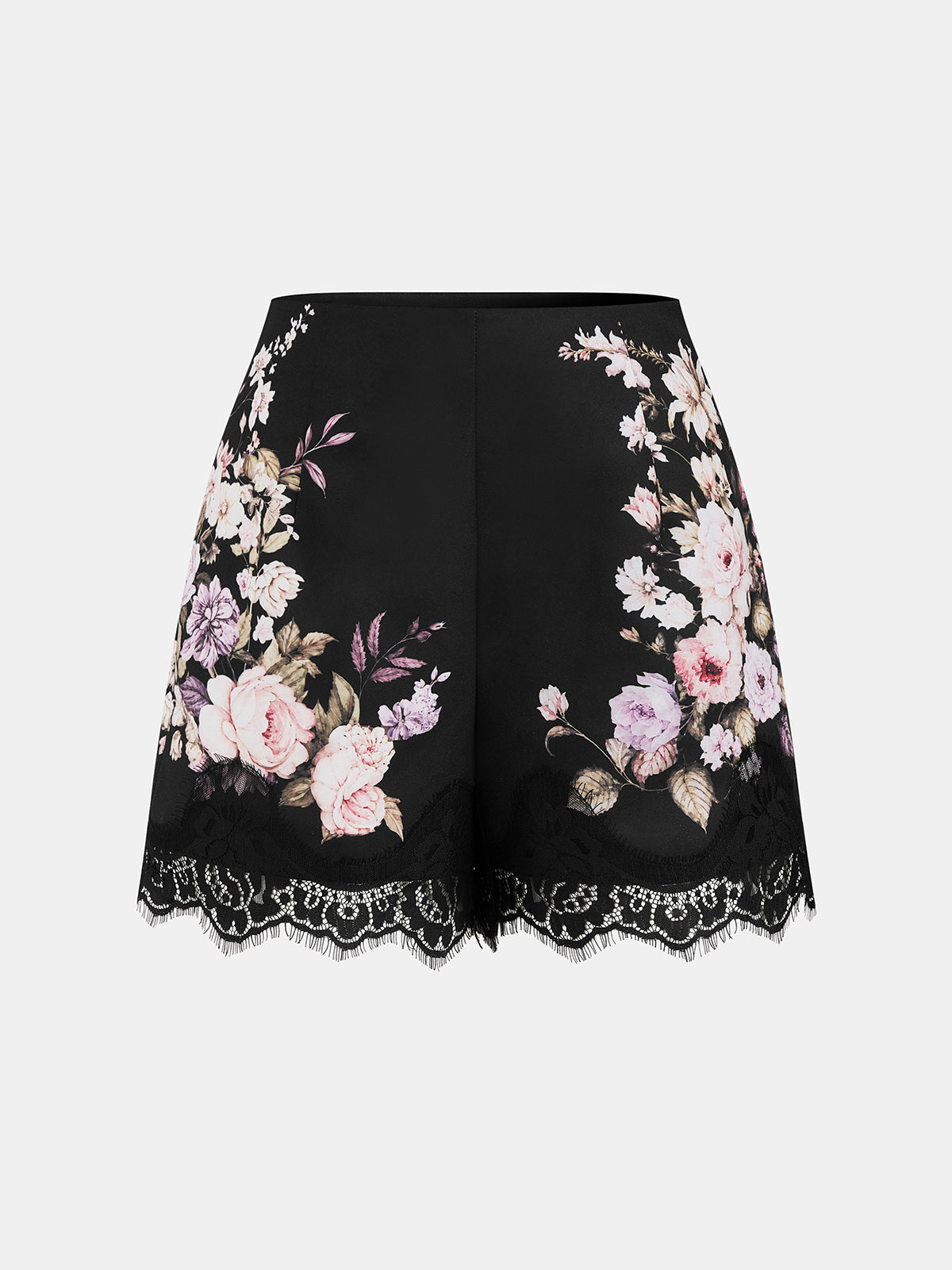 Floral Print Lace Trim Mid Waist Shorts