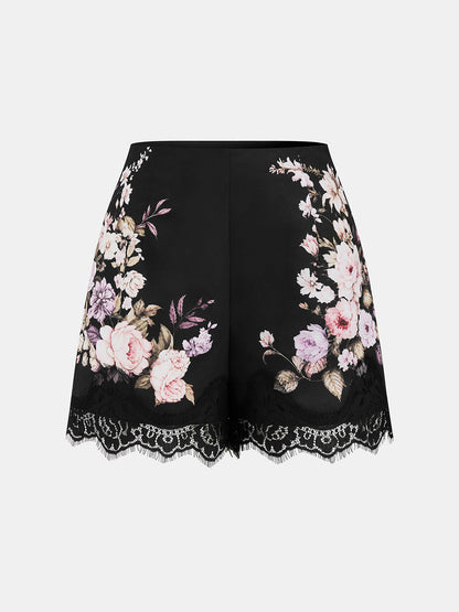 Floral Print Lace Trim Mid Waist Shorts