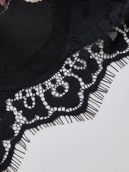 Floral Print Lace Trim Mid Waist Shorts