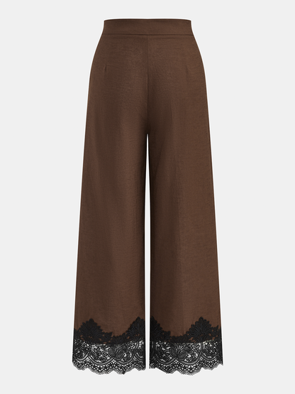 Cotton Linen Lace Trim Wide Leg Pants