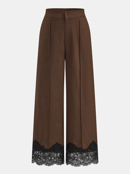 Cotton Linen Lace Trim Wide Leg Pants