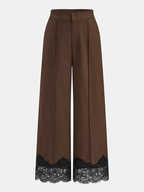 Cotton Linen Lace Trim Wide Leg Pants