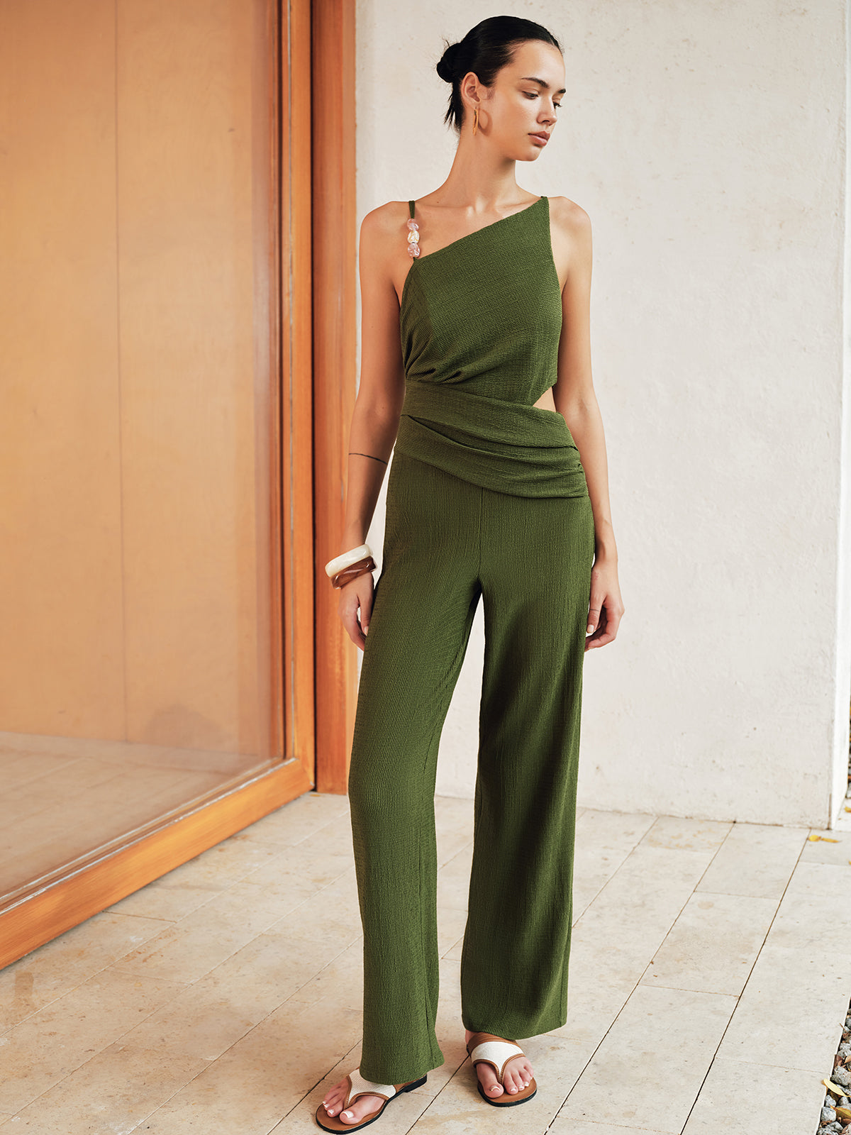 Asymmetrical Bead Cutout Top & Pants Set