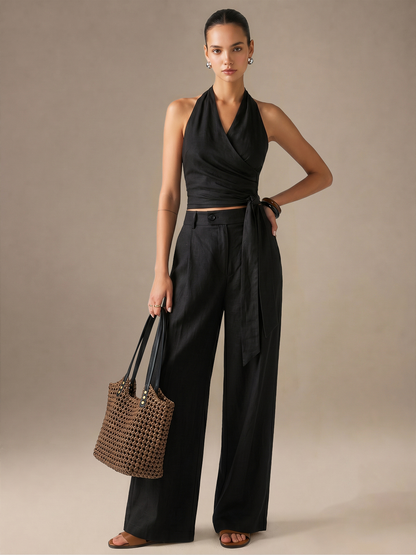 Cotton Linen Halter Wrap Top & Pants Set