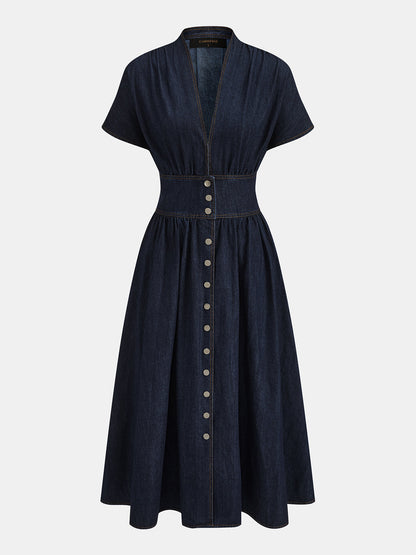 V-Neck Button Down Maxi Denim Dress