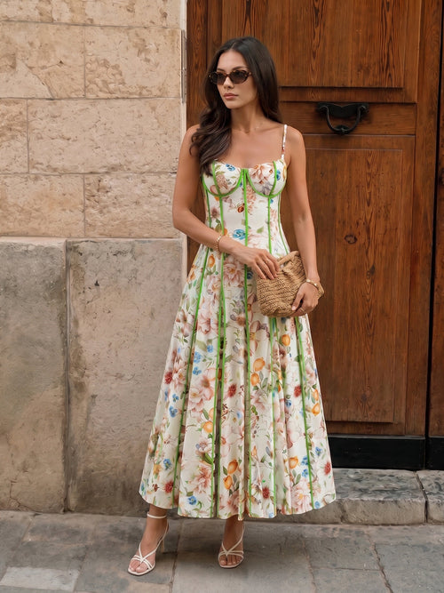 Corset Seam Tropical Print Swing Dress