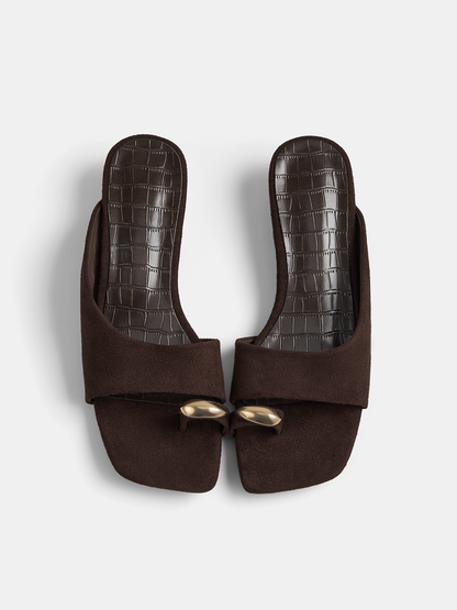 Metal Accent Croc Embossed Flat Slide Sandals