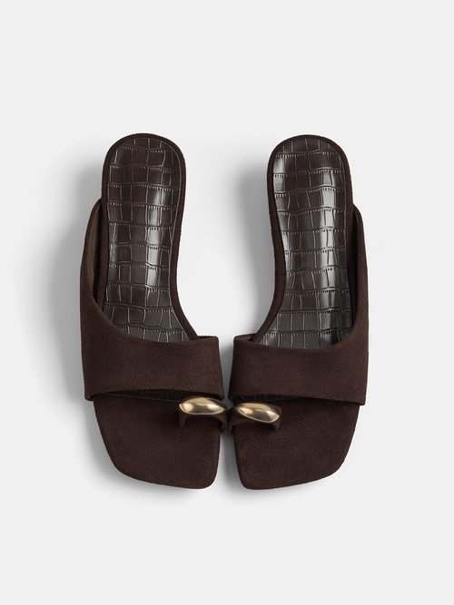 Metal Accent Croc Embossed Flat Slide Sandals