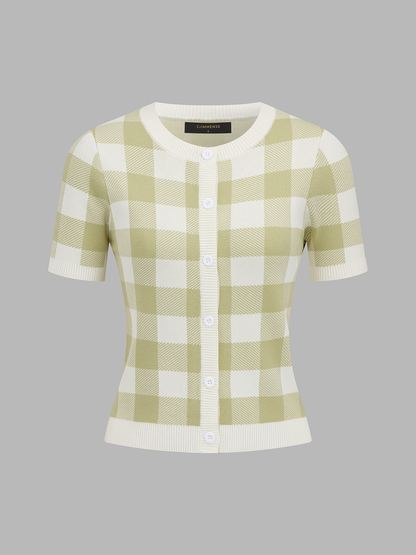 Plaid Short Sleeve Knit Cardigan