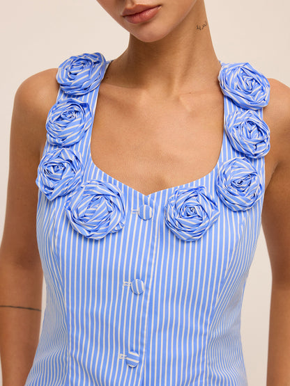 Poplin Stripe Rose Bud Top