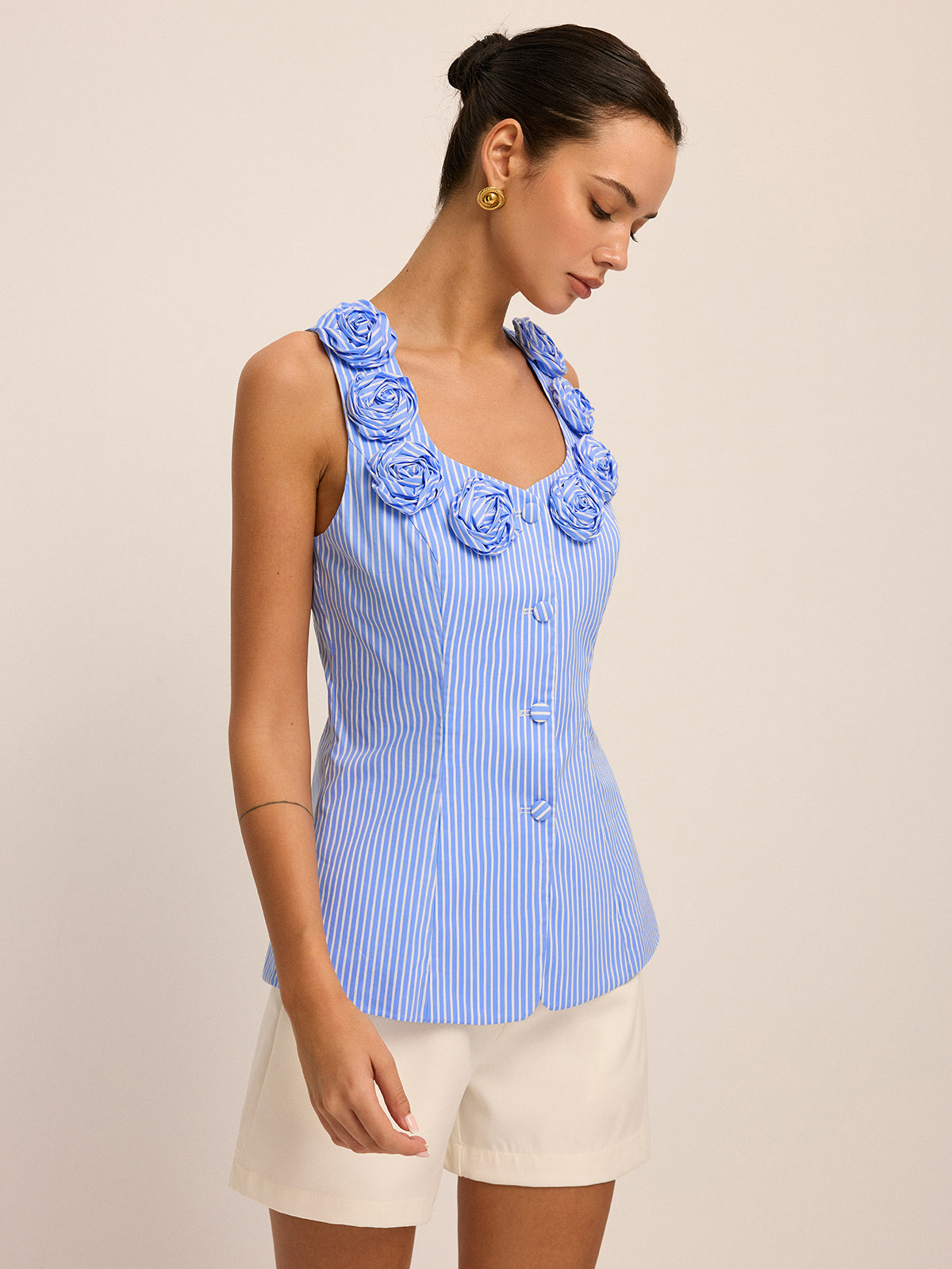 Poplin Stripe Rose Bud Top