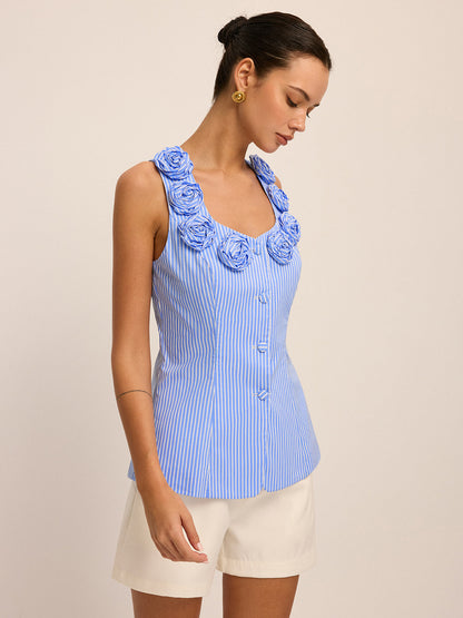 Poplin Stripe Rose Bud Top