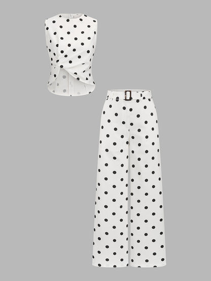Polka Dot Twist Top & Belted Pants Set