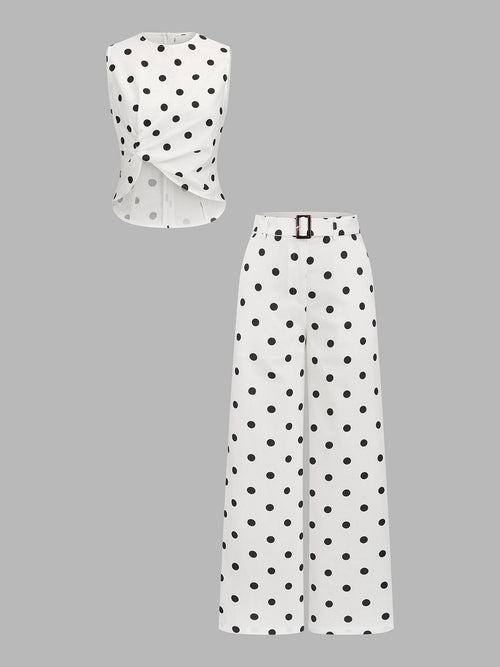 Polka Dot Twist Top & Belted Pants Set