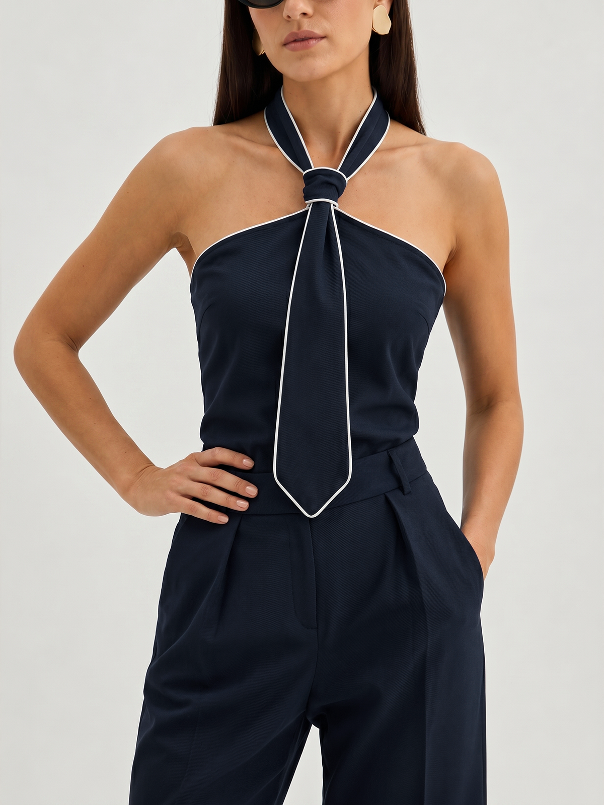 Tie Detail Contrast Trim Halter Neck Top