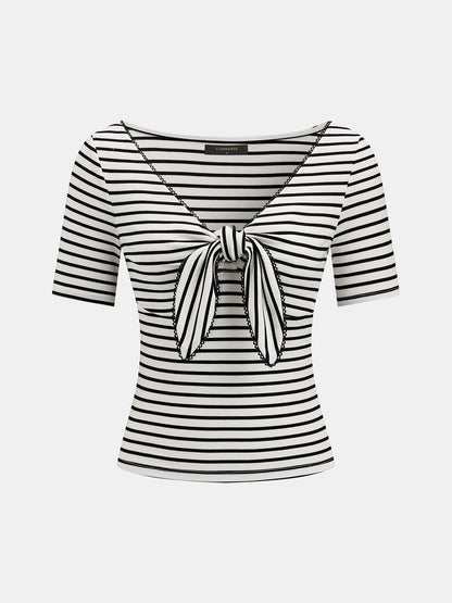 Striped Tie-Front V-Neck Slim Top